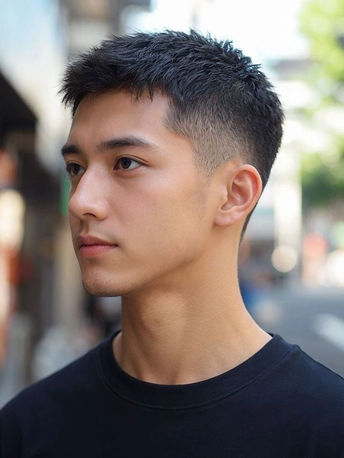 Men’s haircut idea for thick hair featuring a textured layered style with clean sides