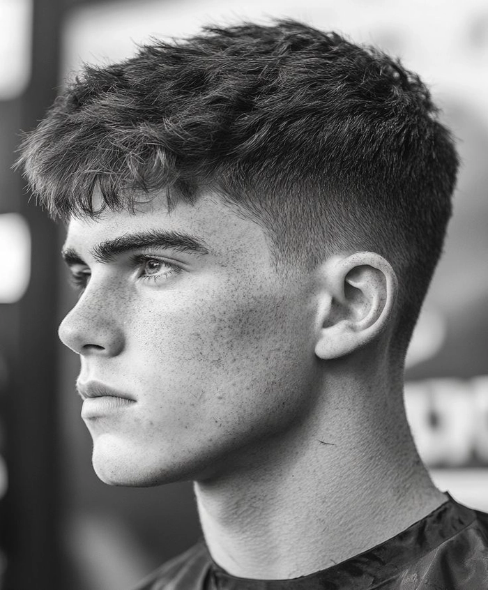 Image title: Stylish straight hair men haircut idea with a modern textured crop and fade ALT: Men haircut ideas for straight hair featuring a clean textured crop with a neat side fade